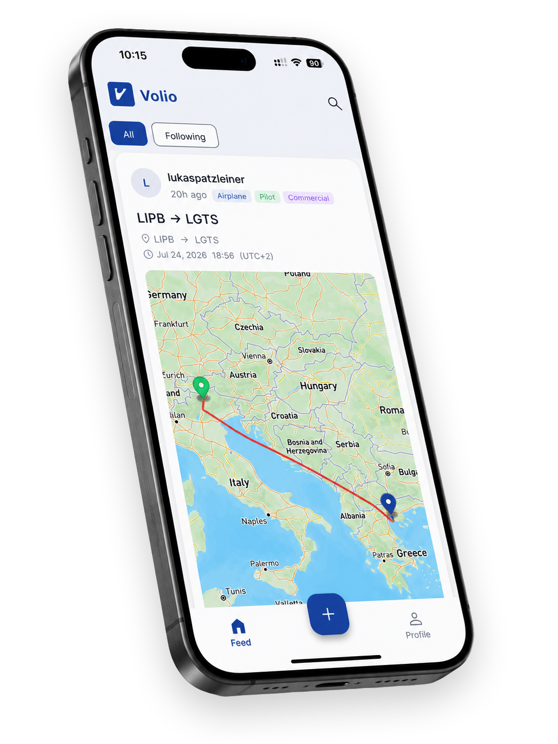 Volio app, flight feed on iPhone