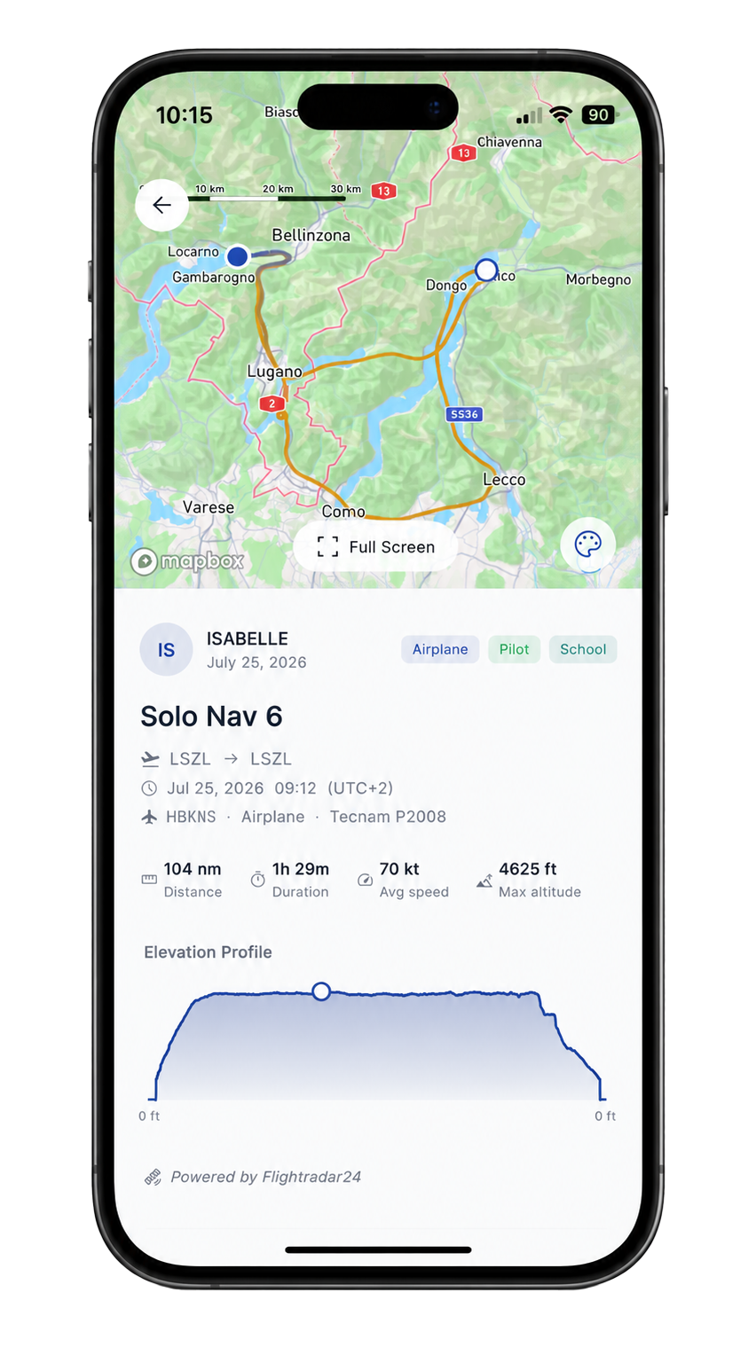 Volio app, flight detail with route map and elevation profile